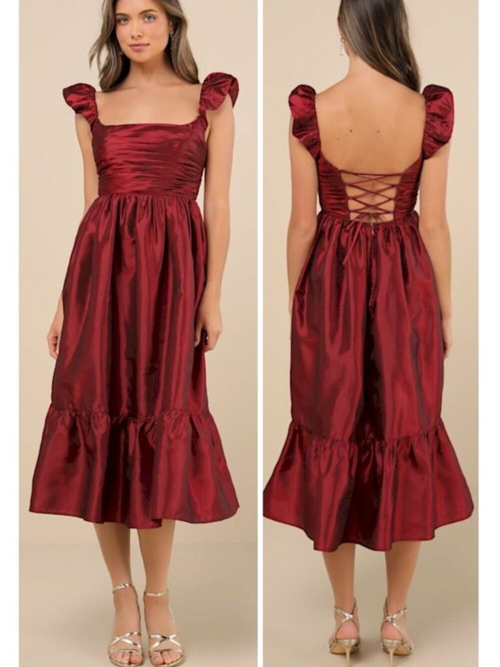 Lulus Poised Passion Wine Red Taffeta Pleated Ruffled Midi Dress Medium New